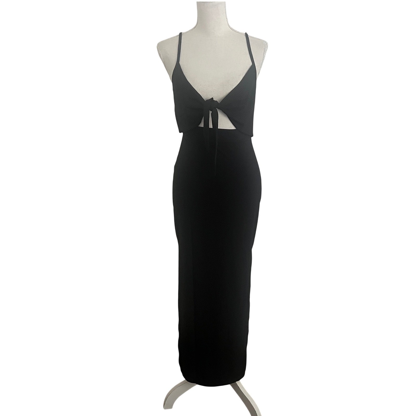 Lyaner Womens Black Ribbed Tie Front Cutout Maxi Dress Size S Adjustable Straps