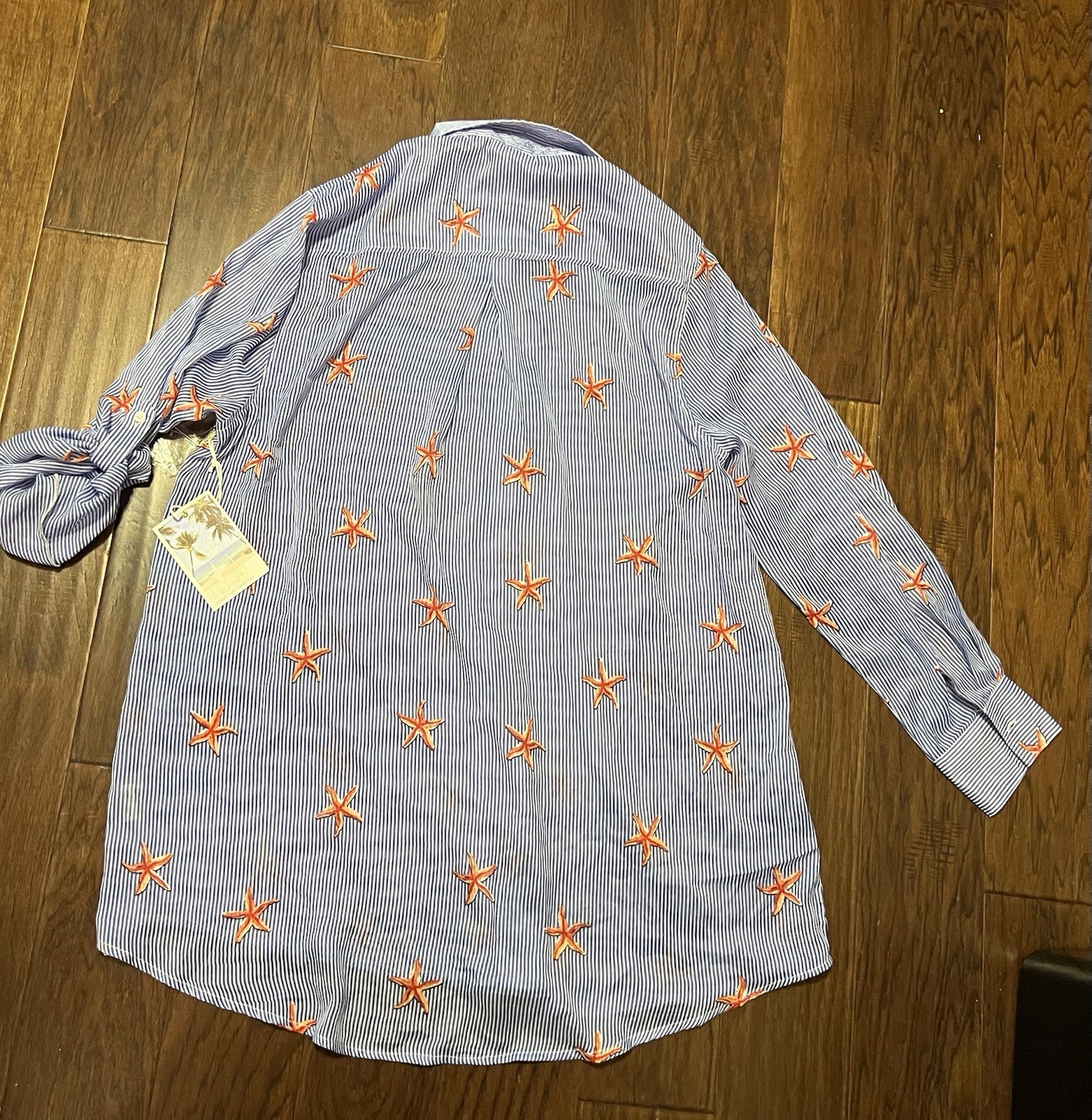 Violet Sky Women’s Button Down Cover Up, Blue Stripe Starfish Print, XL, NWT