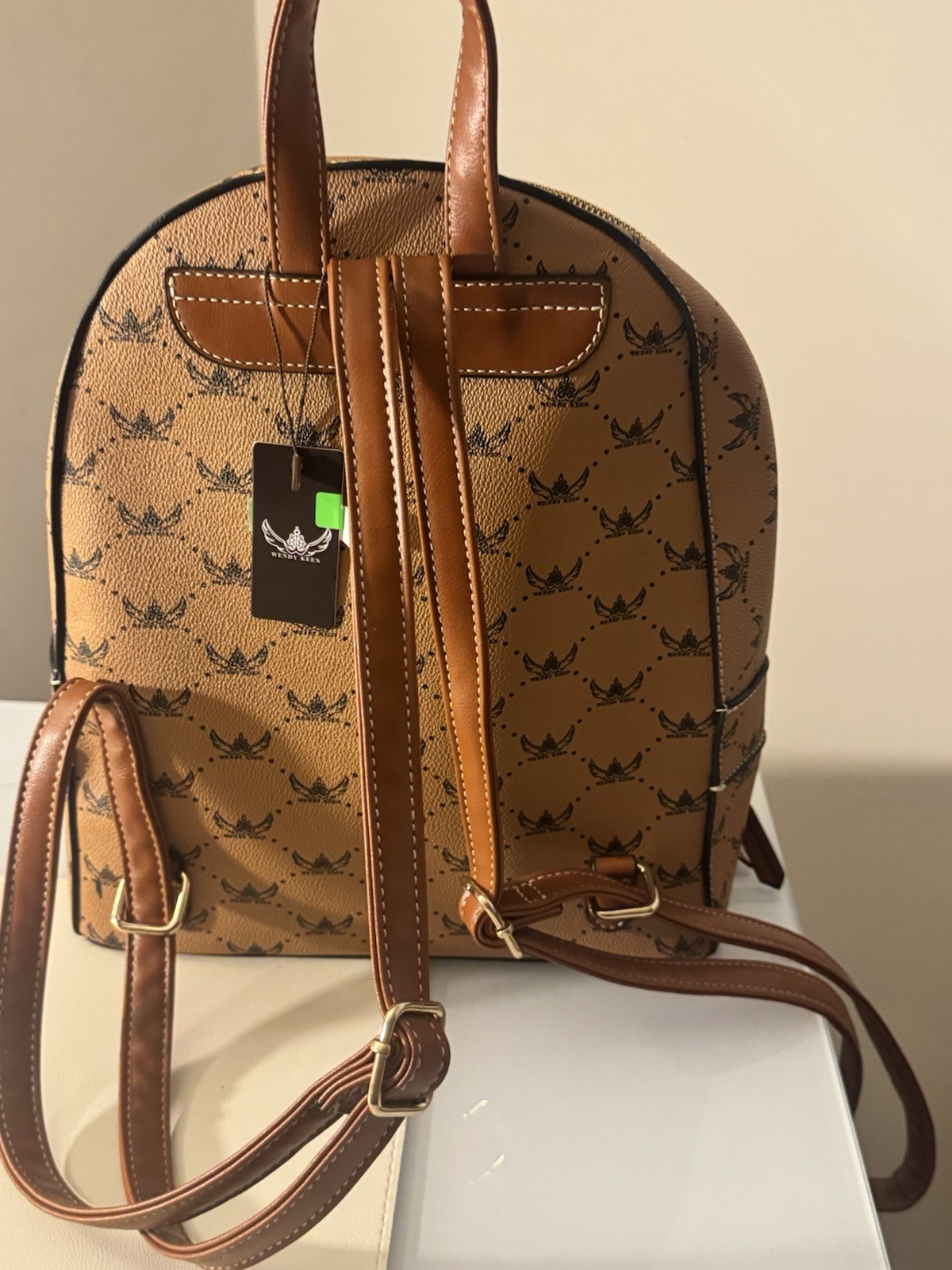 Wendy Keen Tan/Brown Logo Print Backpack w/ Zip, Pockets, Dust Bag