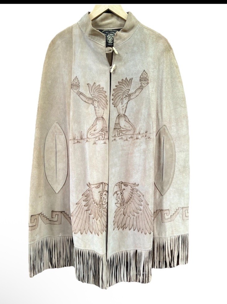 Vintage 70’s Suede Leather Native Art Pyrography Poncho Cape With Fringe Med-Lrg