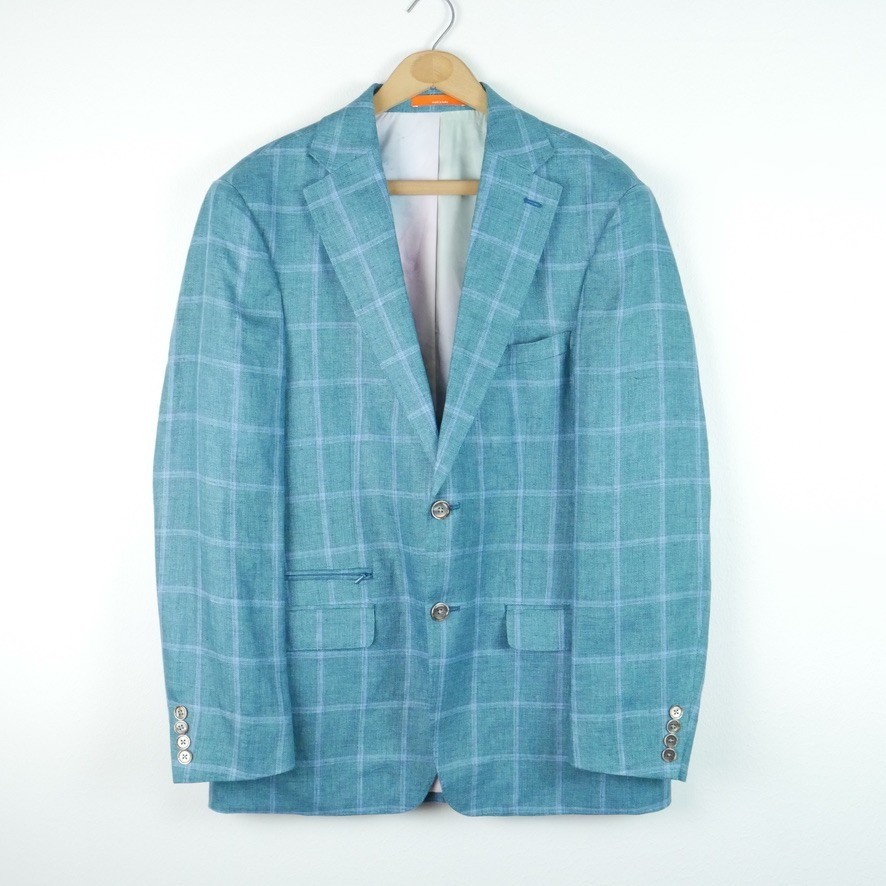 Tallia Men’s 100% Linen Teal Blue Windowpane Plaid Sport Coat Jacket Blazer 40R
