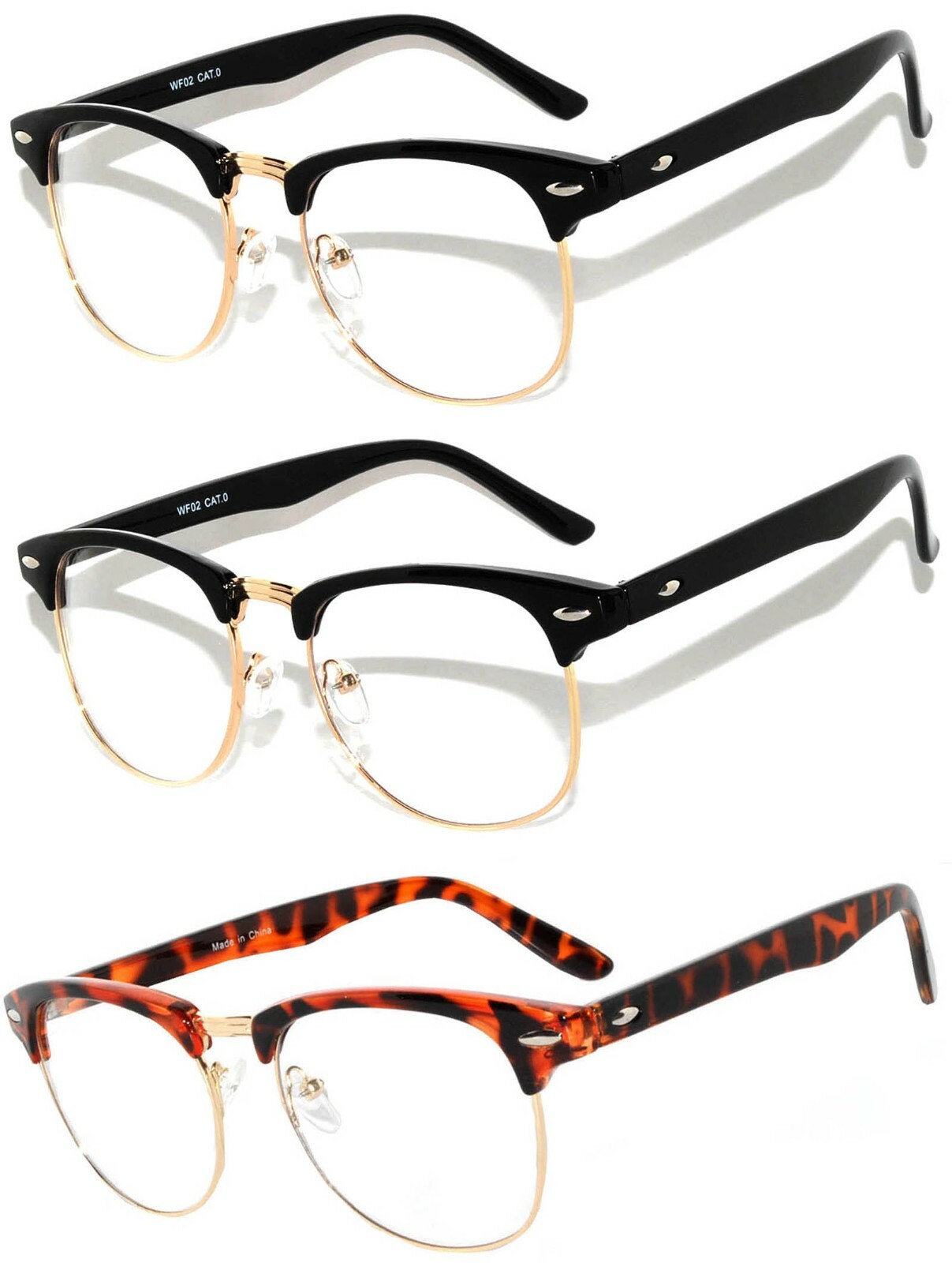 Set of 3 Classic Half Frame Semi Rimless Horn Rim Sunglasses Rimmed 3 Clear Lens