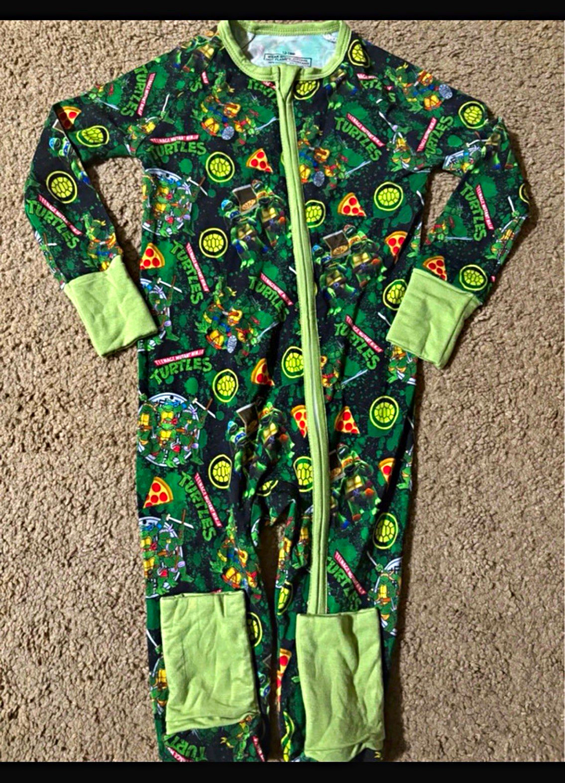 TMNT Boys Green Zippy One-Piece Sleeper Pajamas 12-18M Bamboo