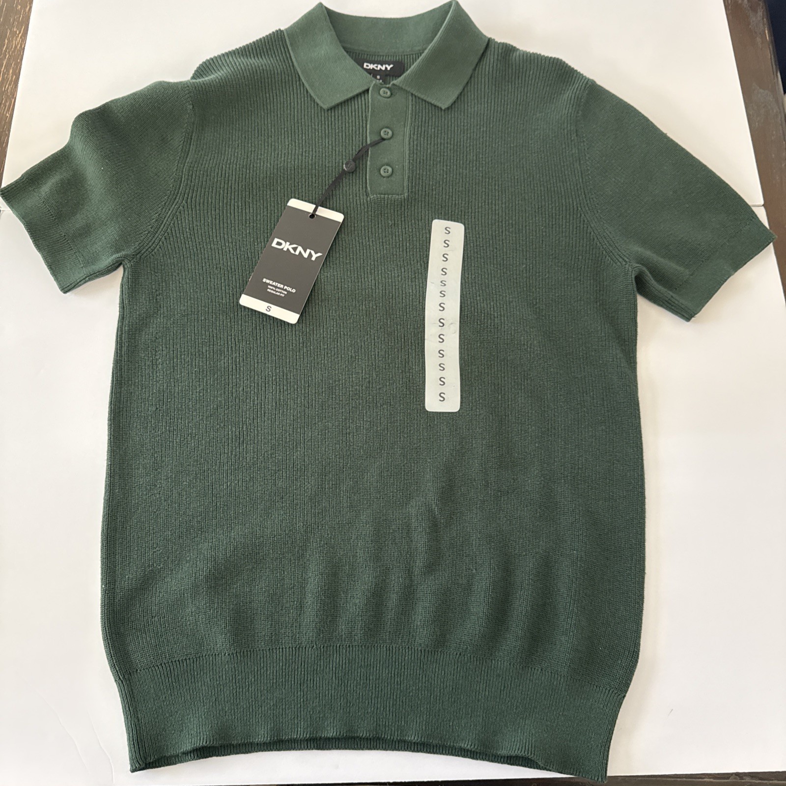 DKNY Men’s Short Sleeve Ribbed Knit 3 Button Placket Collared Sweater Polo