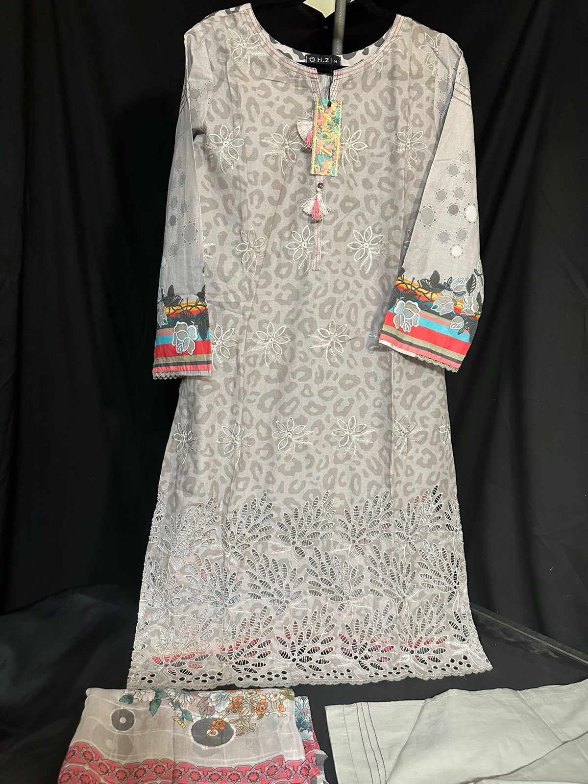 Premium H.Z Brand Emb Lawn /cotton Suit- Chiffon Dupatta – Medium & Large – $55