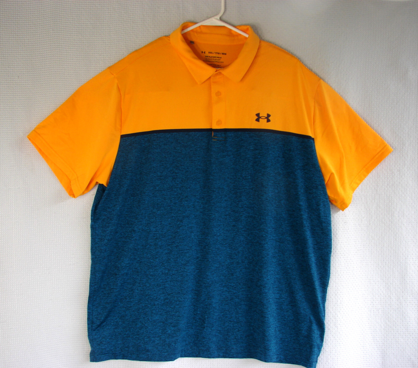 Under Armour Heat Gear The Playoff Polo Blue Orange Color Block Shirt Mens XXL