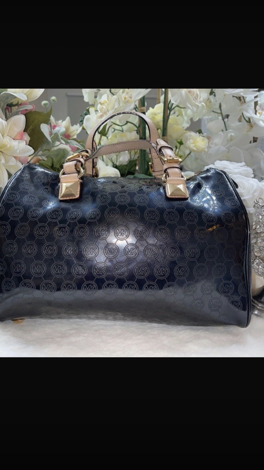 Michael Kors Black Beige Logo Satchel Zip Gold Hardware Charm Bottom Studs