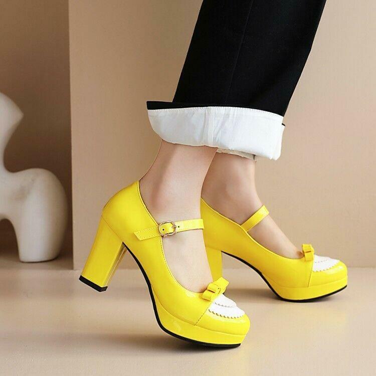 Womens Bowknot Platform Mary Janes Shoes Lolita Pumps Block Heels Fashion Shoes