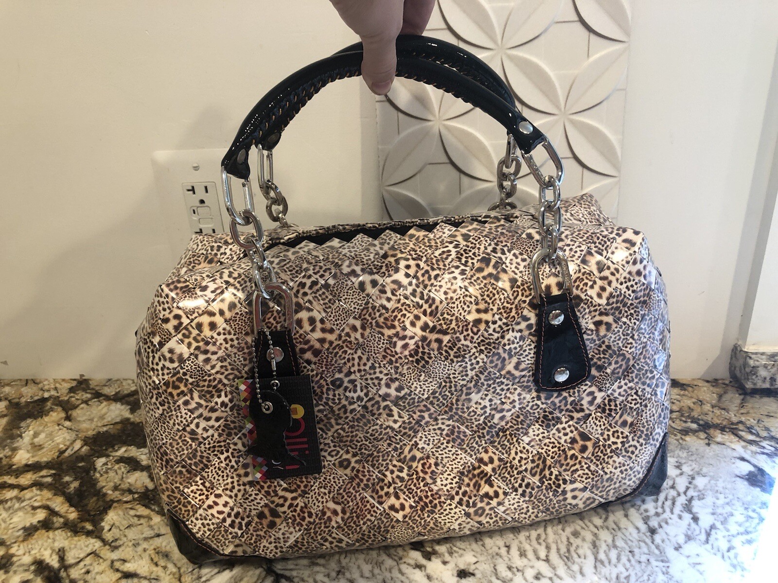 NWT Nahui Ollin Oversized Leopard Print Woven Wrapper 2 Handle Handbag Handmade