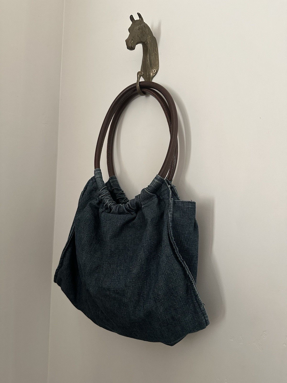 Leather Handle Slouchy Shoulder Bag – Denim Blue