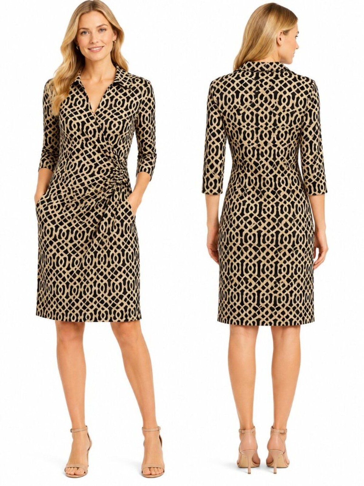 J.McLaughlin Catalina Cloth Faux Wrap Dress Women XS Black Tan Geometric