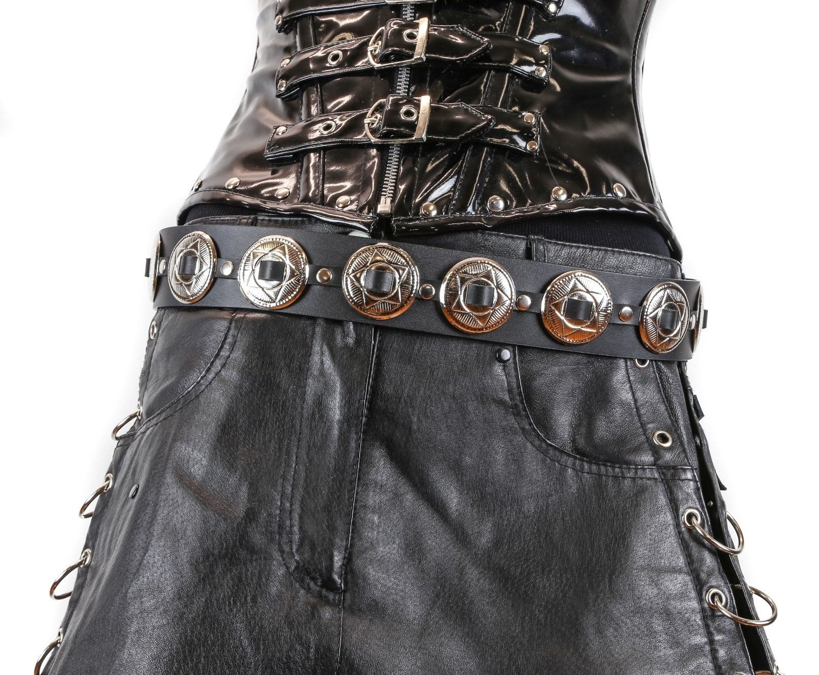 Concho Strap Genuine Leather Belt 1 1/2″ Concho Punk Goth Rockabilly