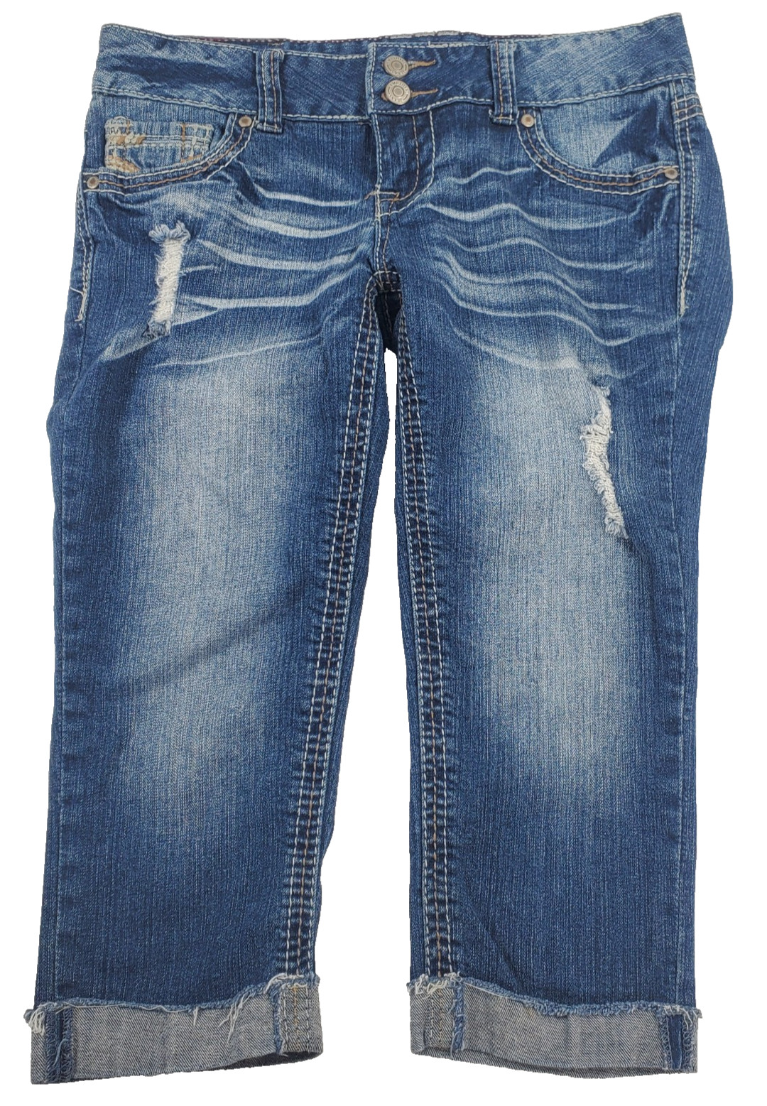 Amethyst Jeans Junior Womens 30×17 Blue Denim Capri Distressed