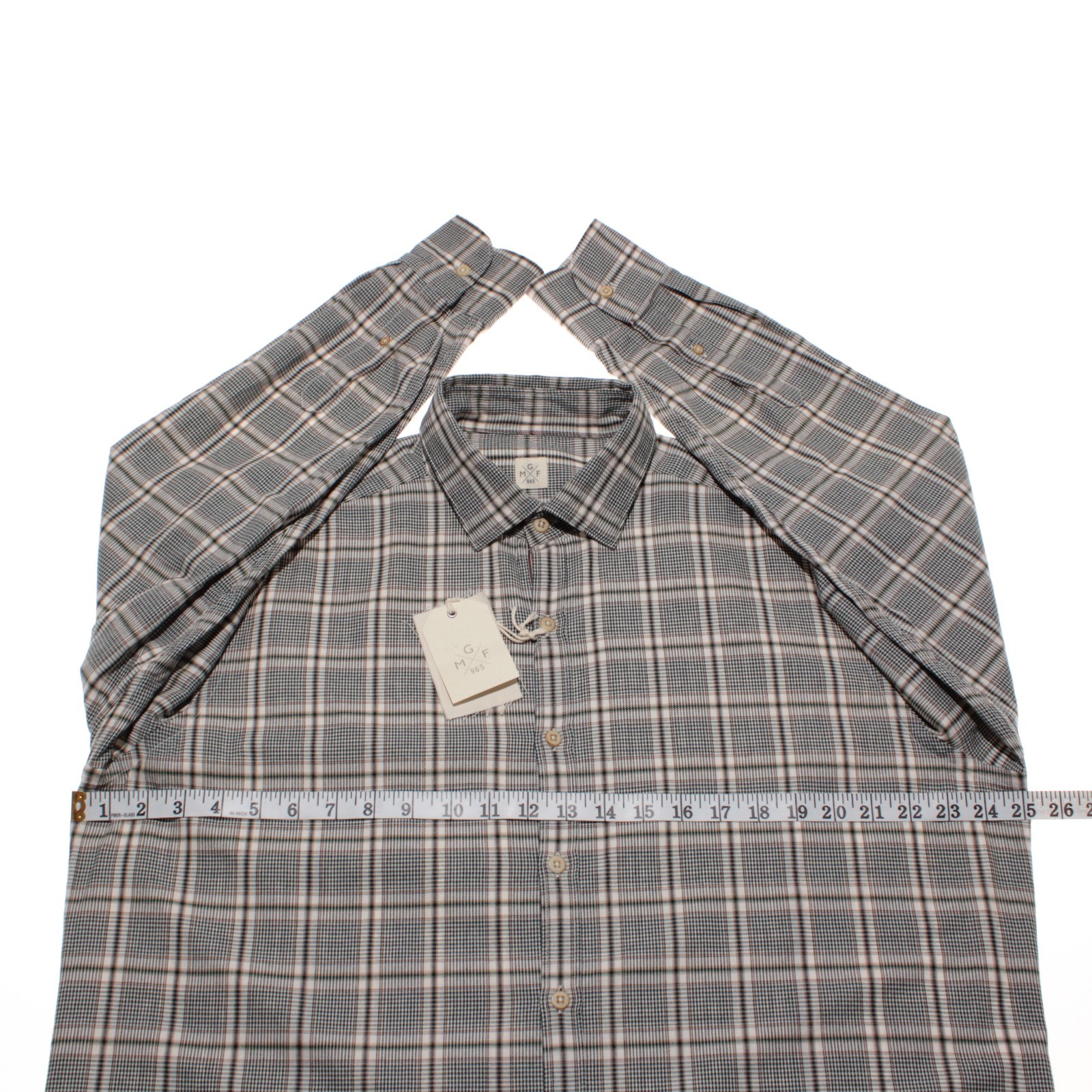 GMF NWT Dress Shirt Size 44 17.5 in Green / Cream / Black Plaid 100% Cotton