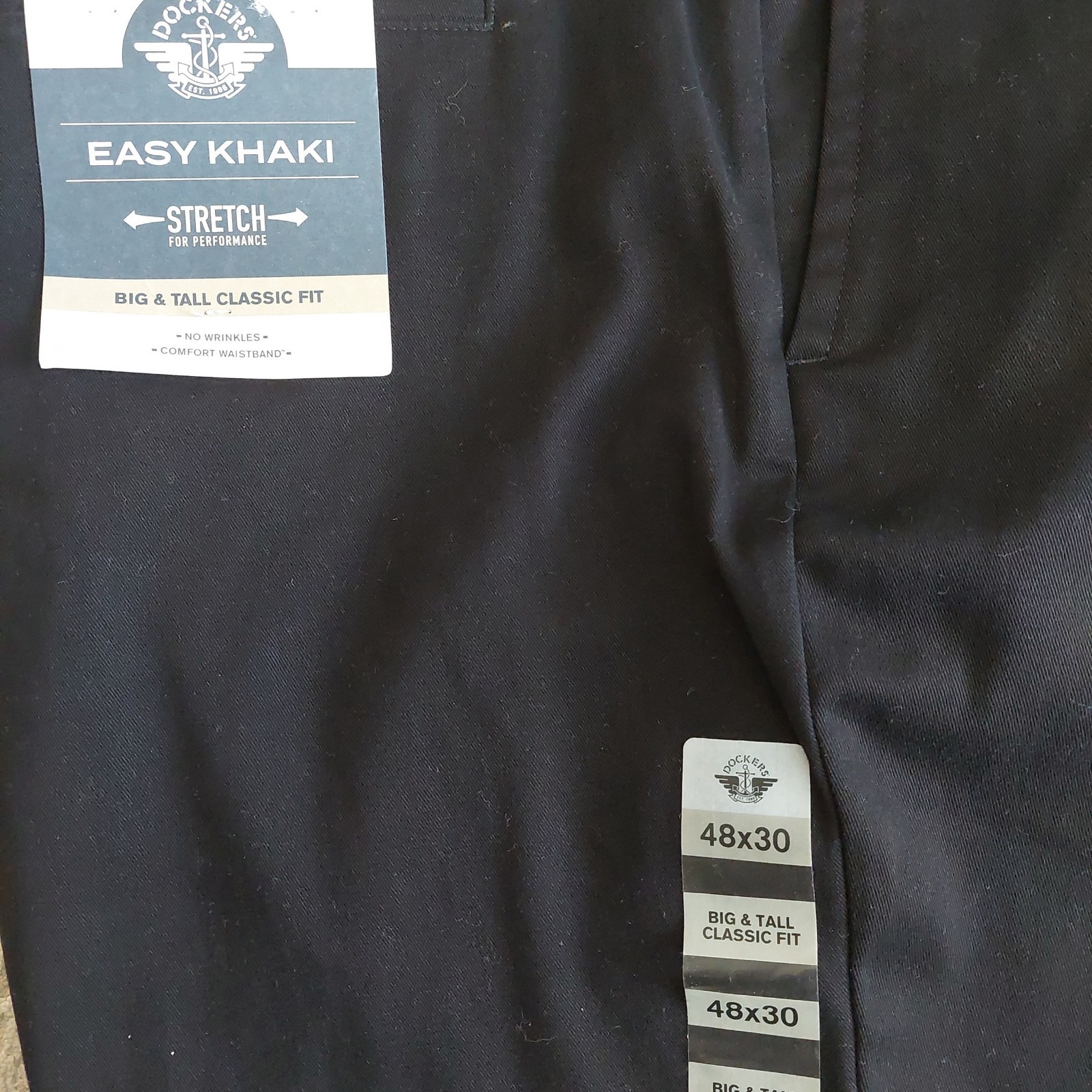 Dockers Easy Khaki Pants 48×30 Black Hidden Expandable Flex Waist Flat Front