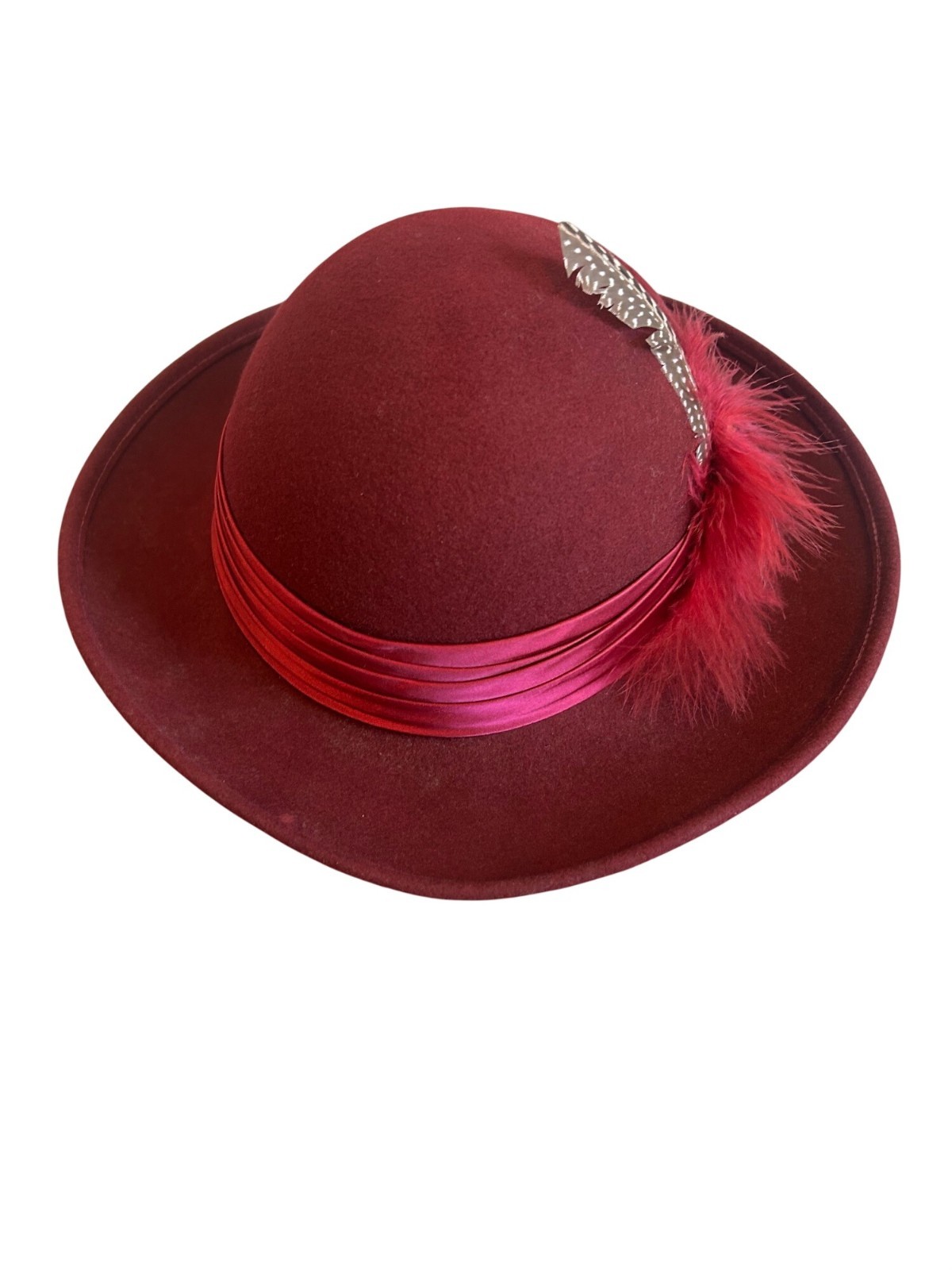 Vintage Geo W Bollman Burgundy Wool Hat With Satin Ribbon & Feather Accent