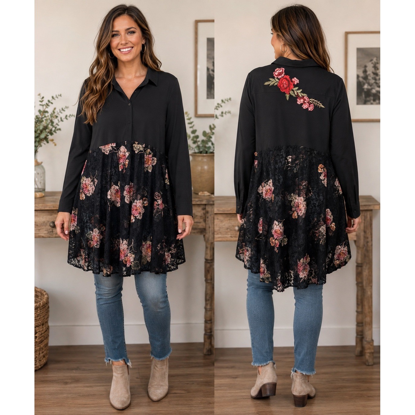 Upcycled Recycled Black Mixed Media Floral Lace Shirt Dress Tunic Embroidered