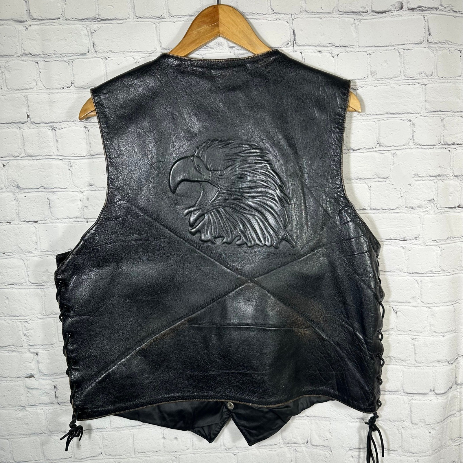Wilsons Leather Mens Biker Vest Black Embossed Eagle Side Lace Up Snap Front XL