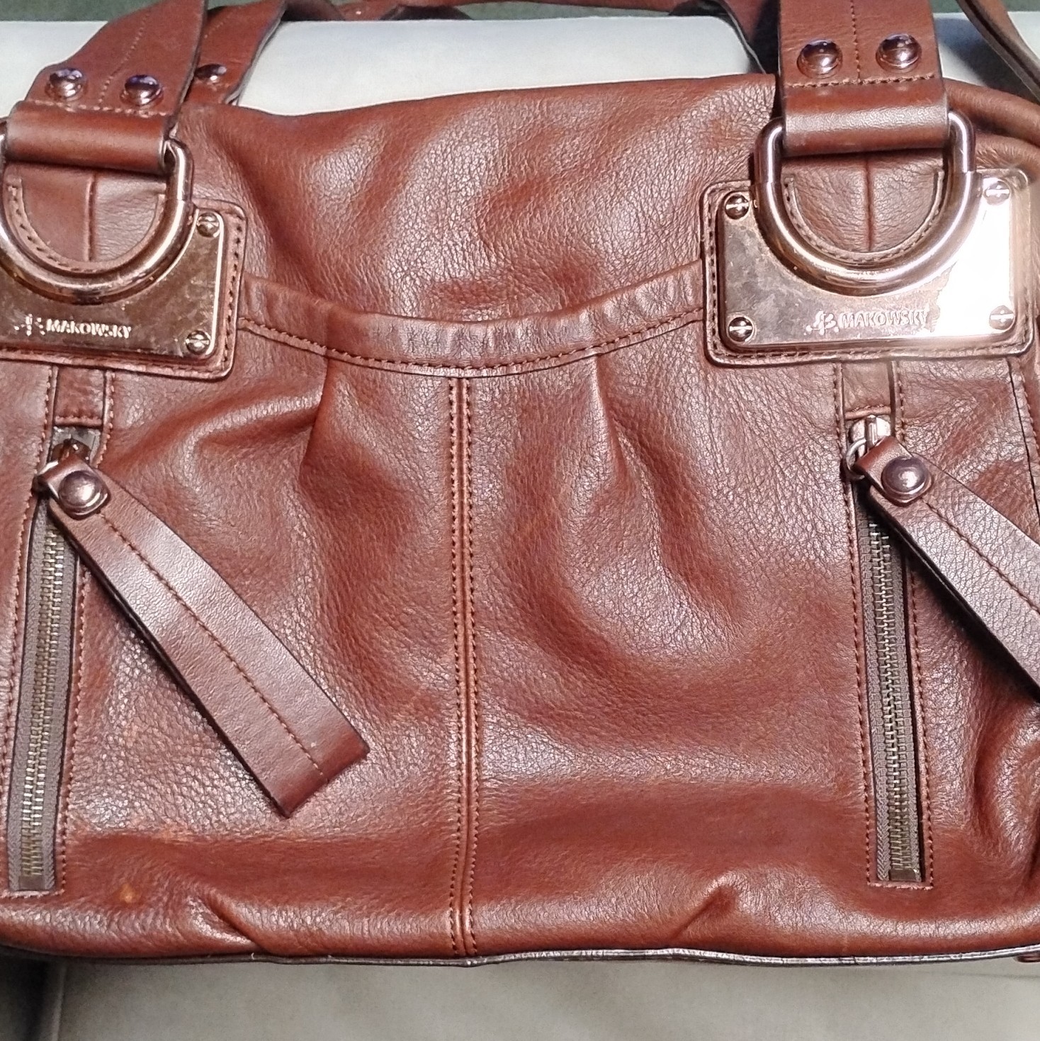 B. Makowsky Large Brown Pebbled Satchel, Leopard Lined, Zip, Detach Strap