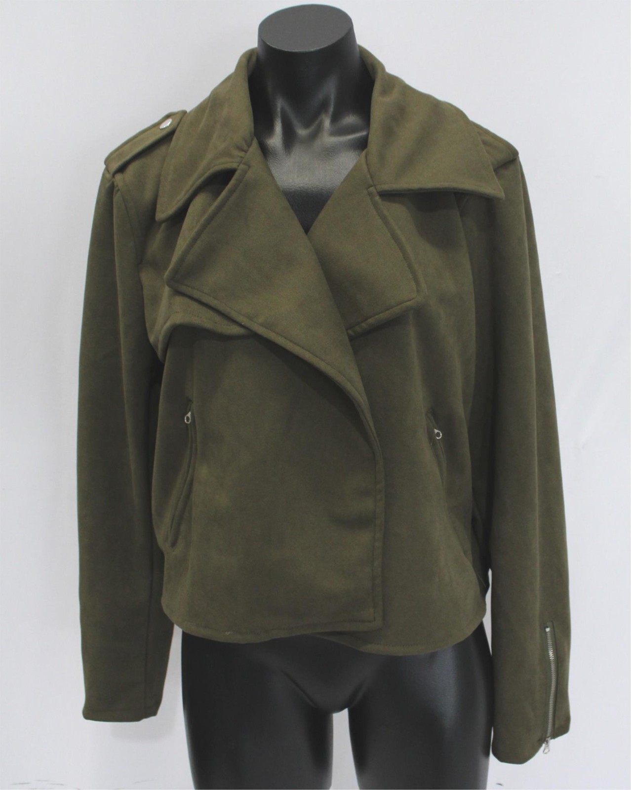 Vigoss Women’s Open Front Long Sleeve Faux Suede Moto Jacket CL8 Olive Large NWT