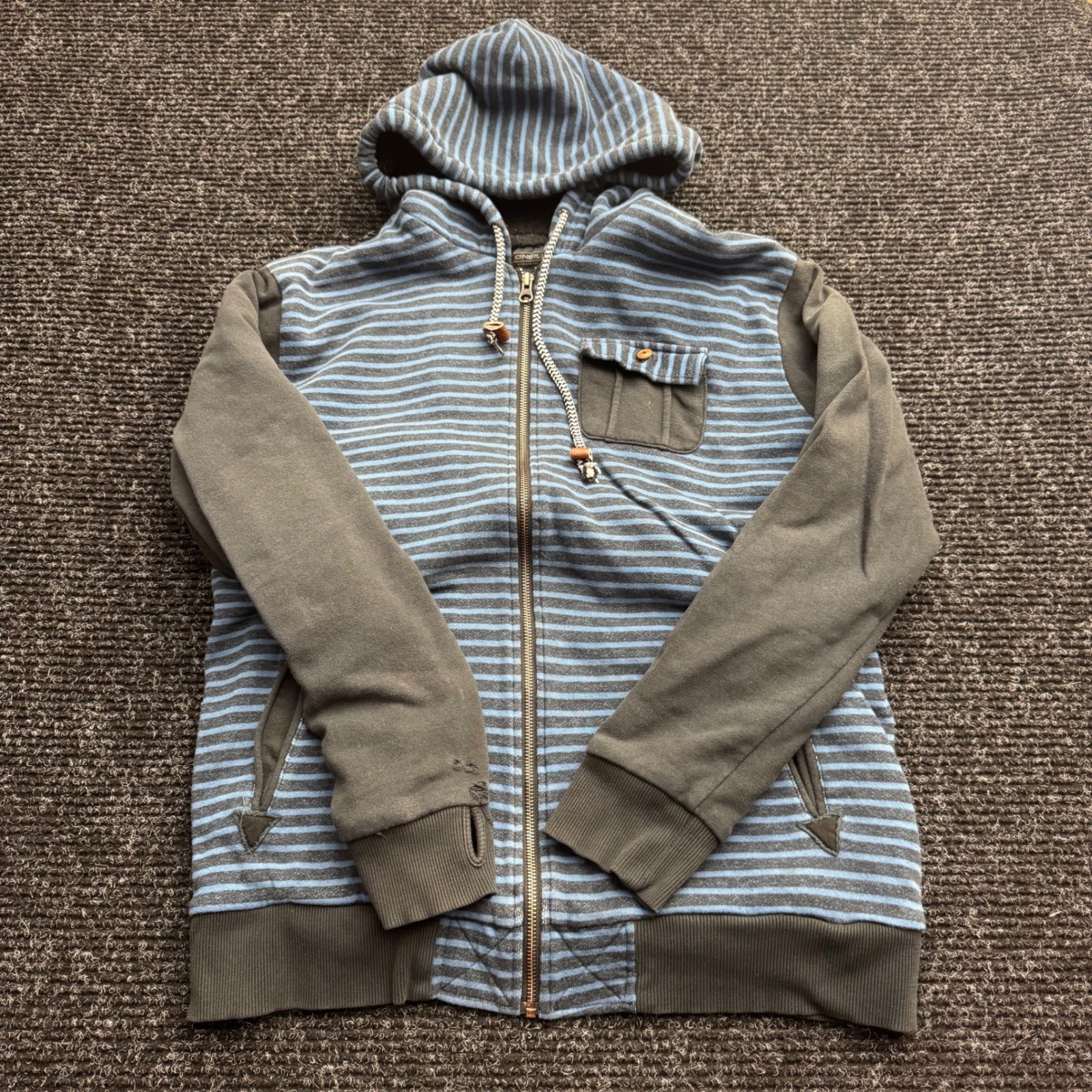 ONeill Mens Striped Sherpa Lined Full Zip Hoodie Blue Grey Small Thumbholes
