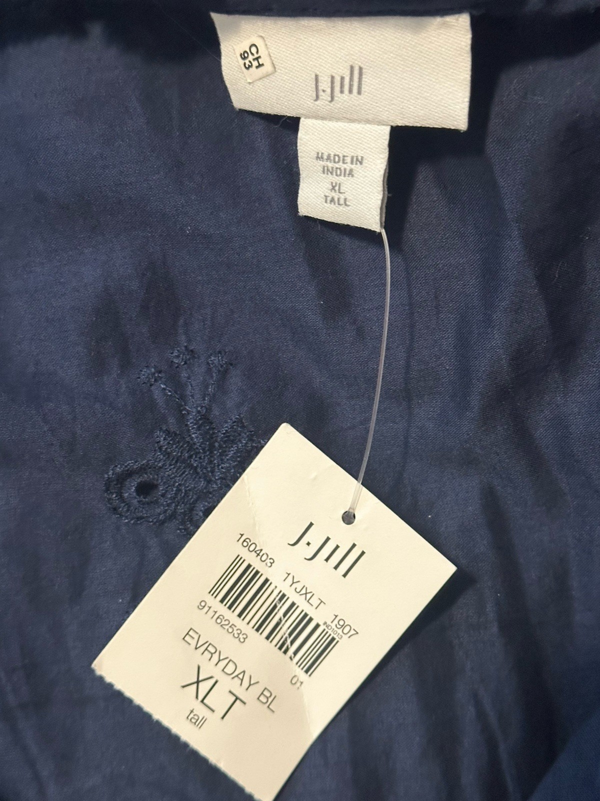 NWT J.JILL Everyday Blouse 3/4 Sleeve Peplum Ruffle V Neck Navy Eyelet Women XLT