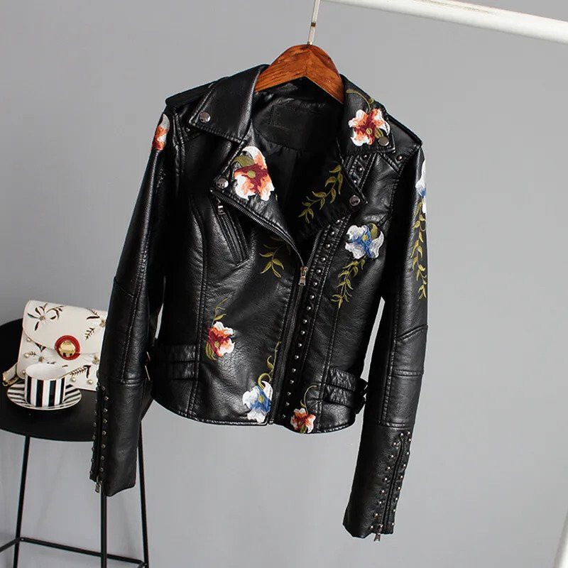 Embroidered Leather Jacket Flowers Embroidery PU Faux Leather
