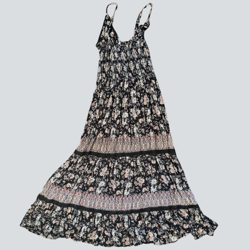 Angie Black Floral Tiered Boho Maxi Dress Spaghetti Strap 100% Rayon Size M