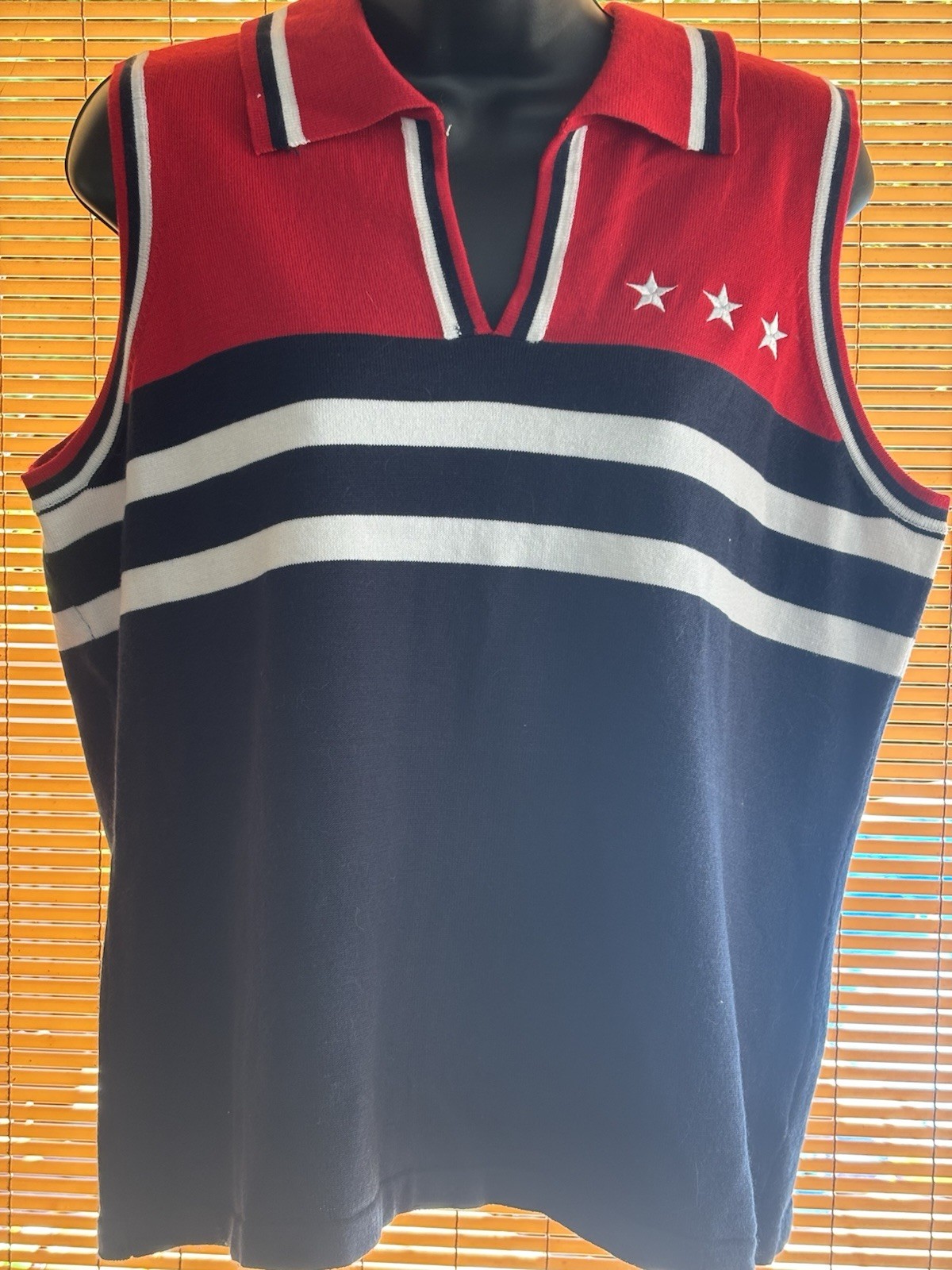 White Stag Women’s Maternity XL Sleeveless Collared Knit Polo Red White Blue
