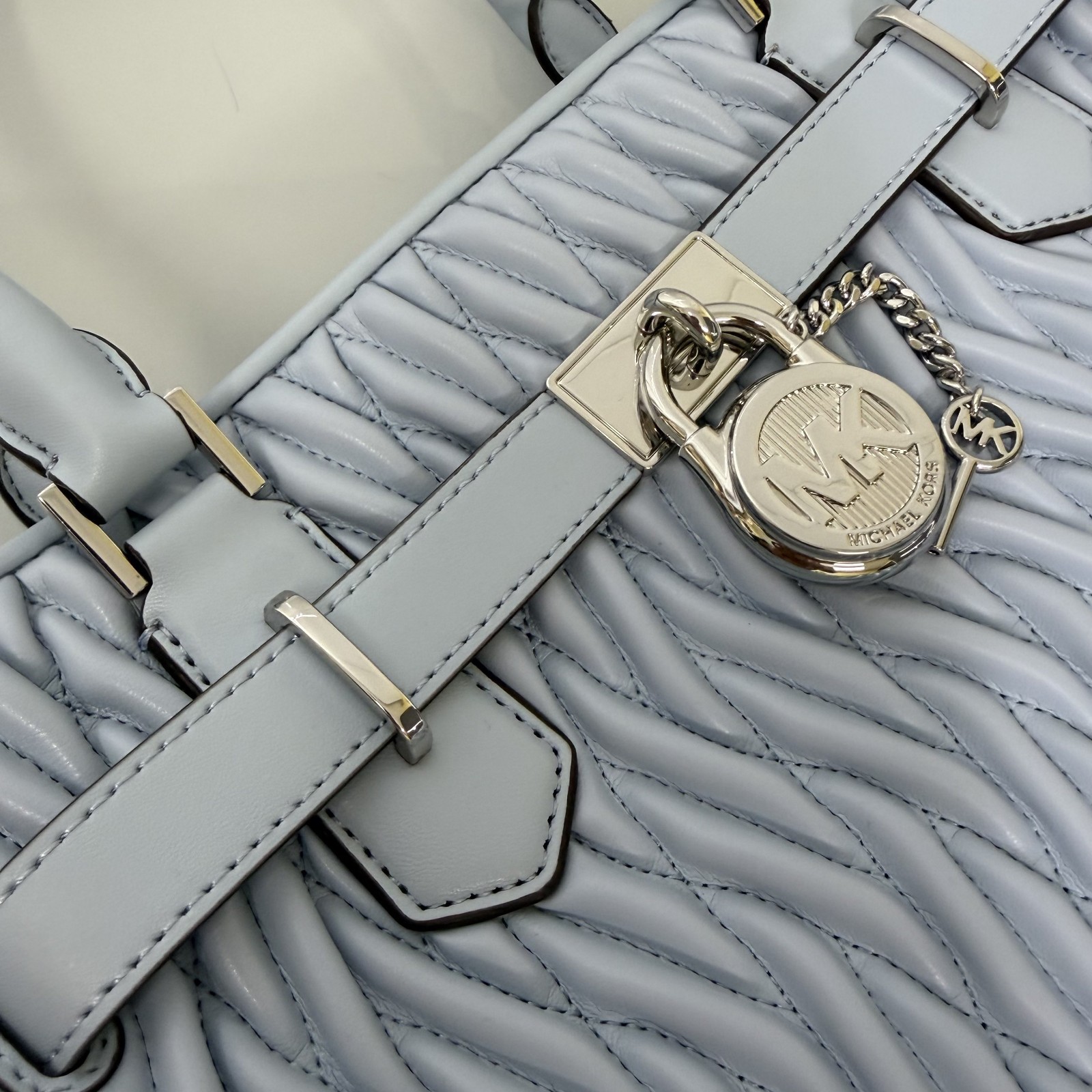 Michael Kors Hamilton Medium Matelassé Satchel Bag Blue Pale Ocean