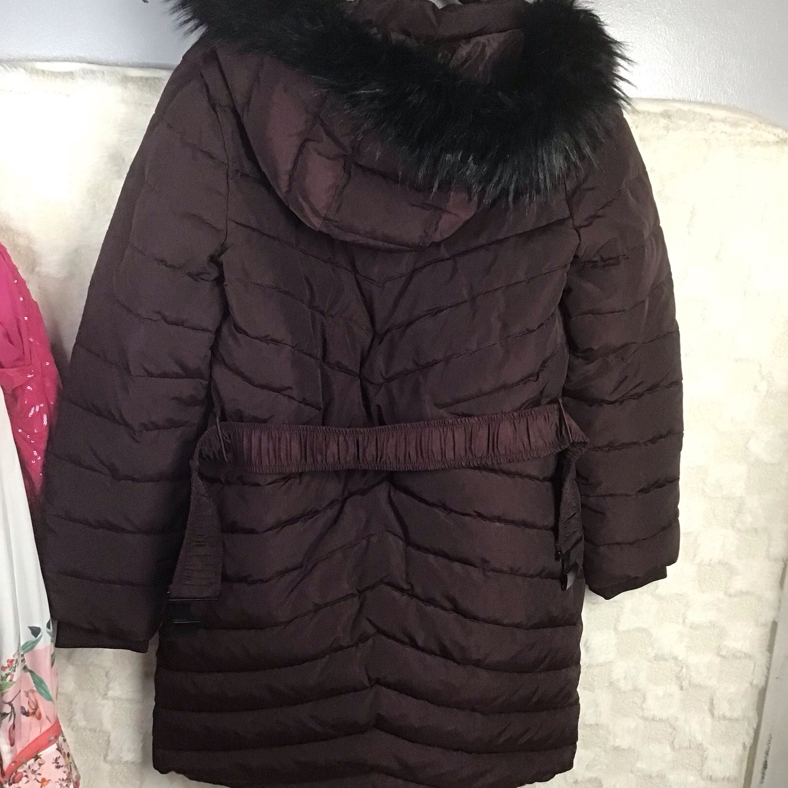 Express Burgundy Belted Puffer Coat with Fur Trim Hood Sz M~ $228 ~