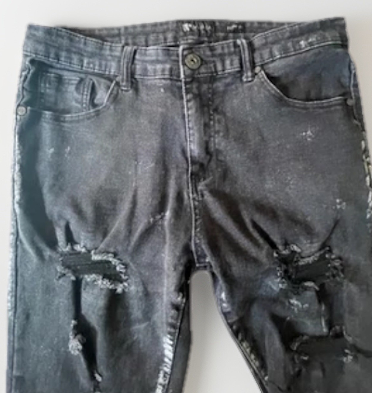 Black Distressed Skinny Jeans Men’s 34 Paint Splatter Streetwear Grunge Punk