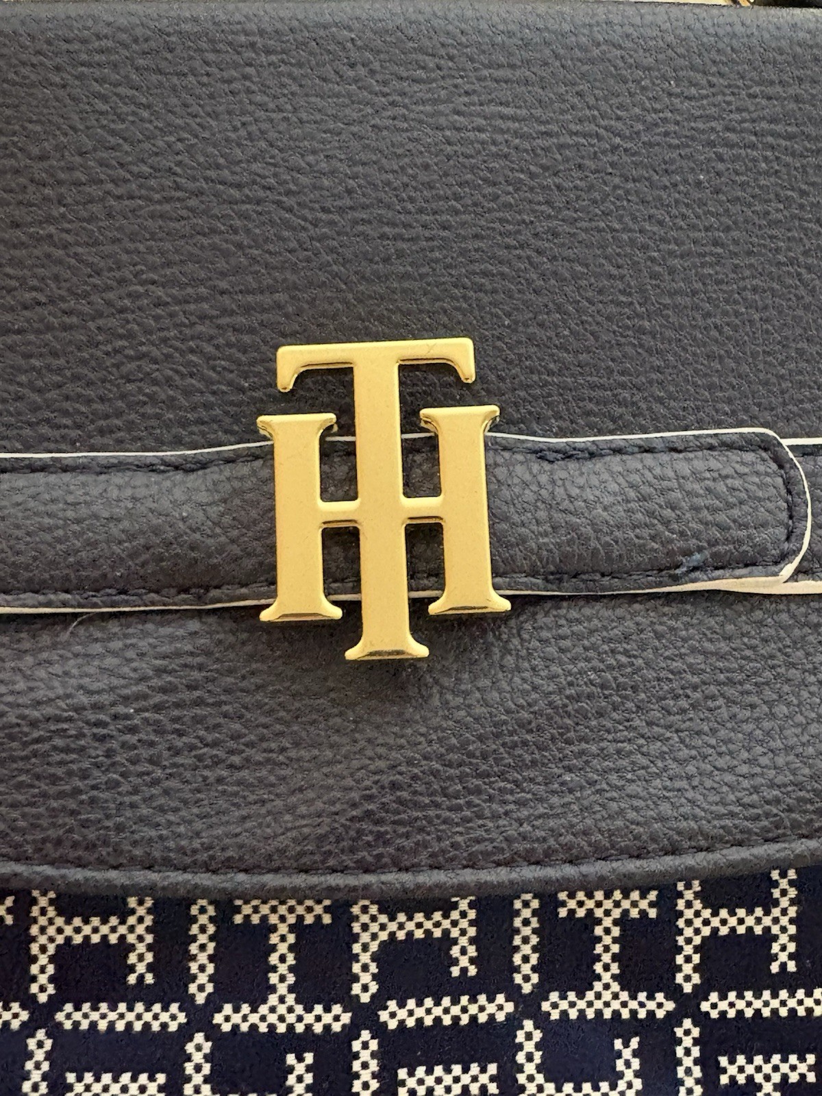 Tommy Hilfiger Navy/White Monogram Backpack Gold Logo Buckle Snap, Top Handle