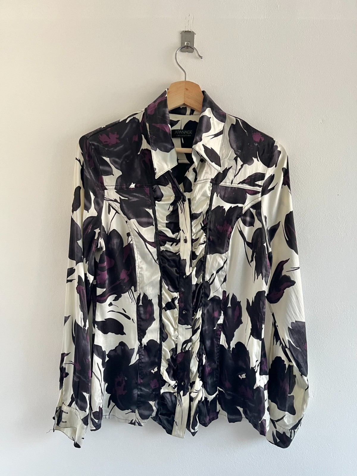 Apanage Silk Blend Purple Cream Floral Long Sleeve Shirt Size S-M/8-10