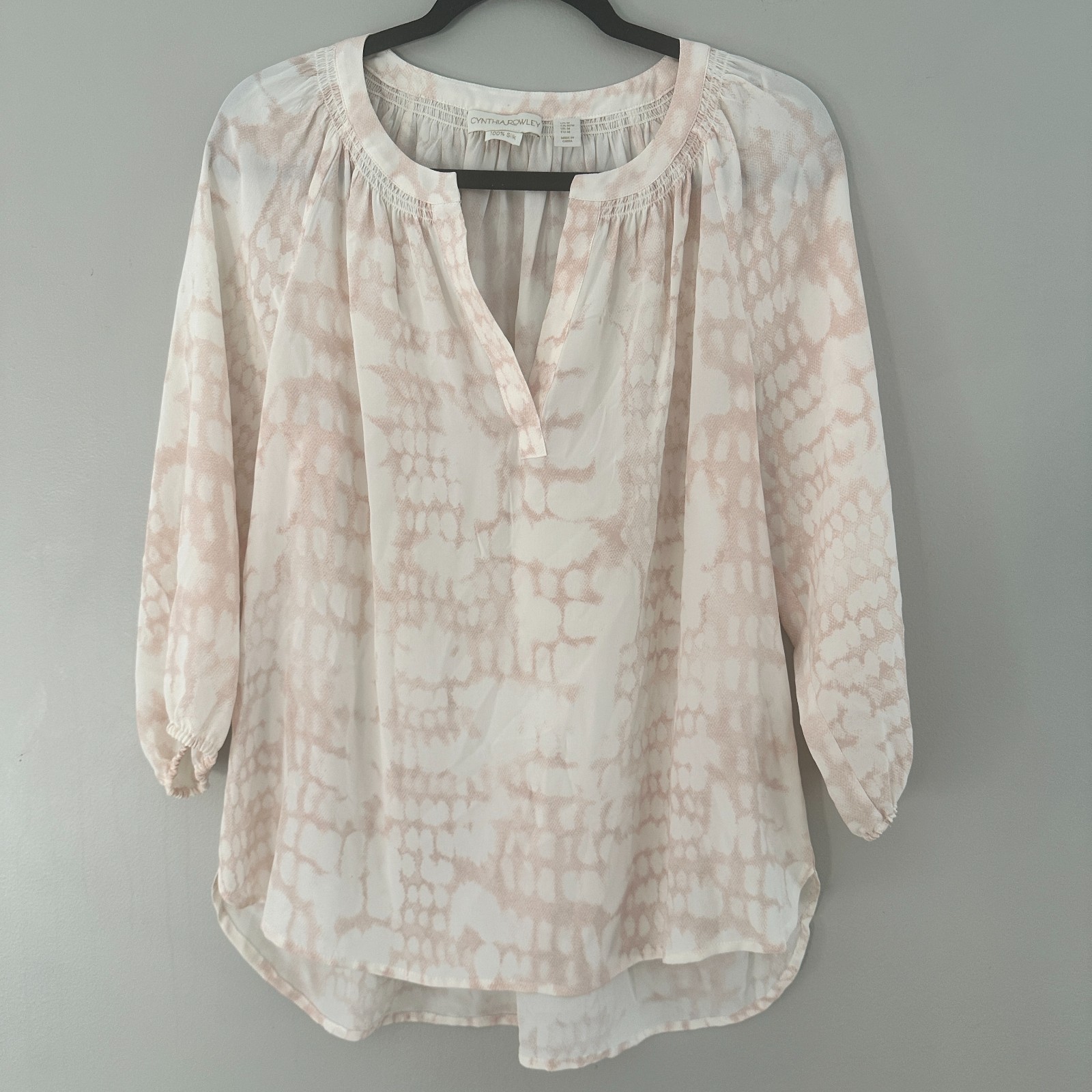 Cynthia Rowley 100% Silk Blouse Blush Pink White Tie Dye Peasant Top Boho M