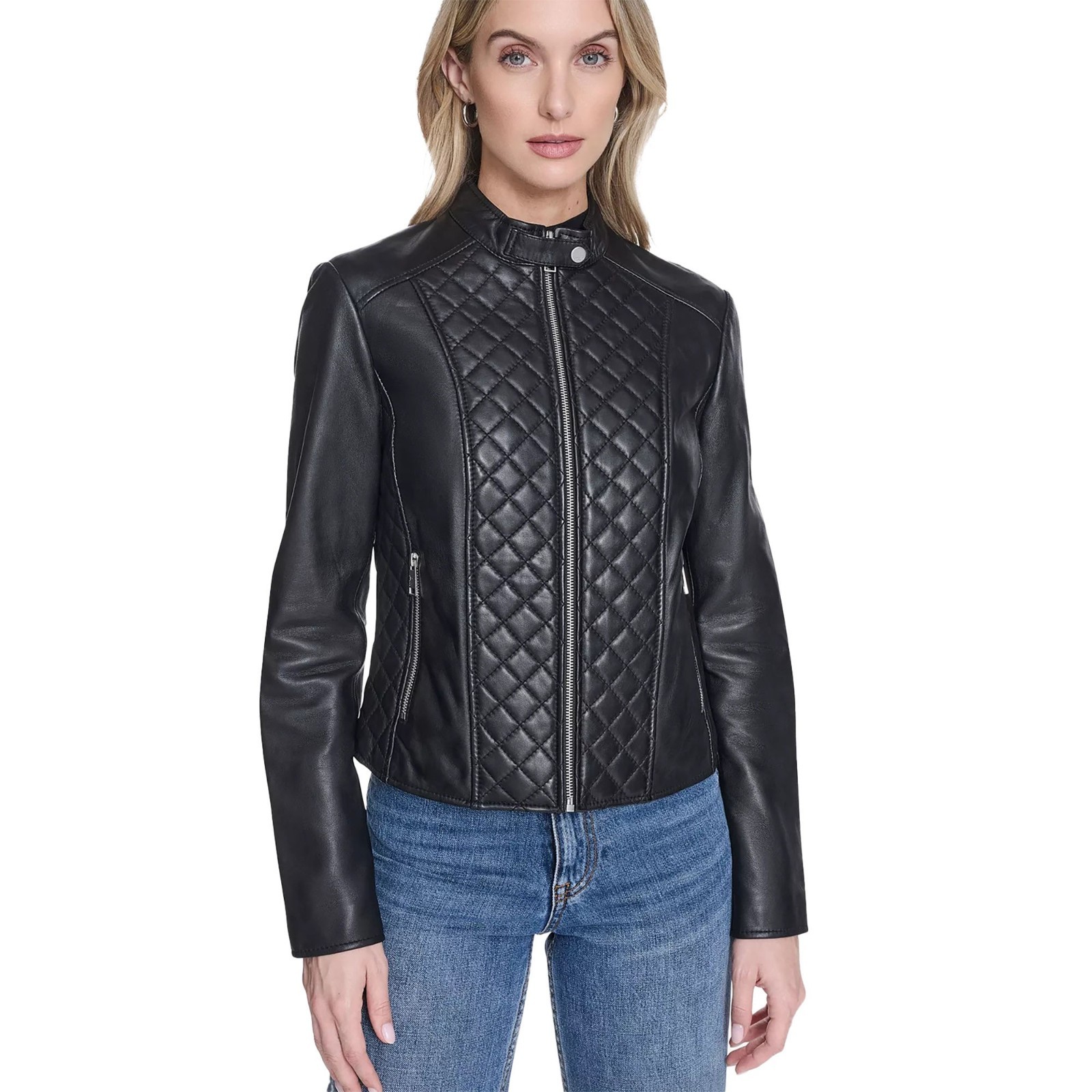 Women Real Leather Jacket Black Quilted Diamond Biker Motorcycle Riding Coat