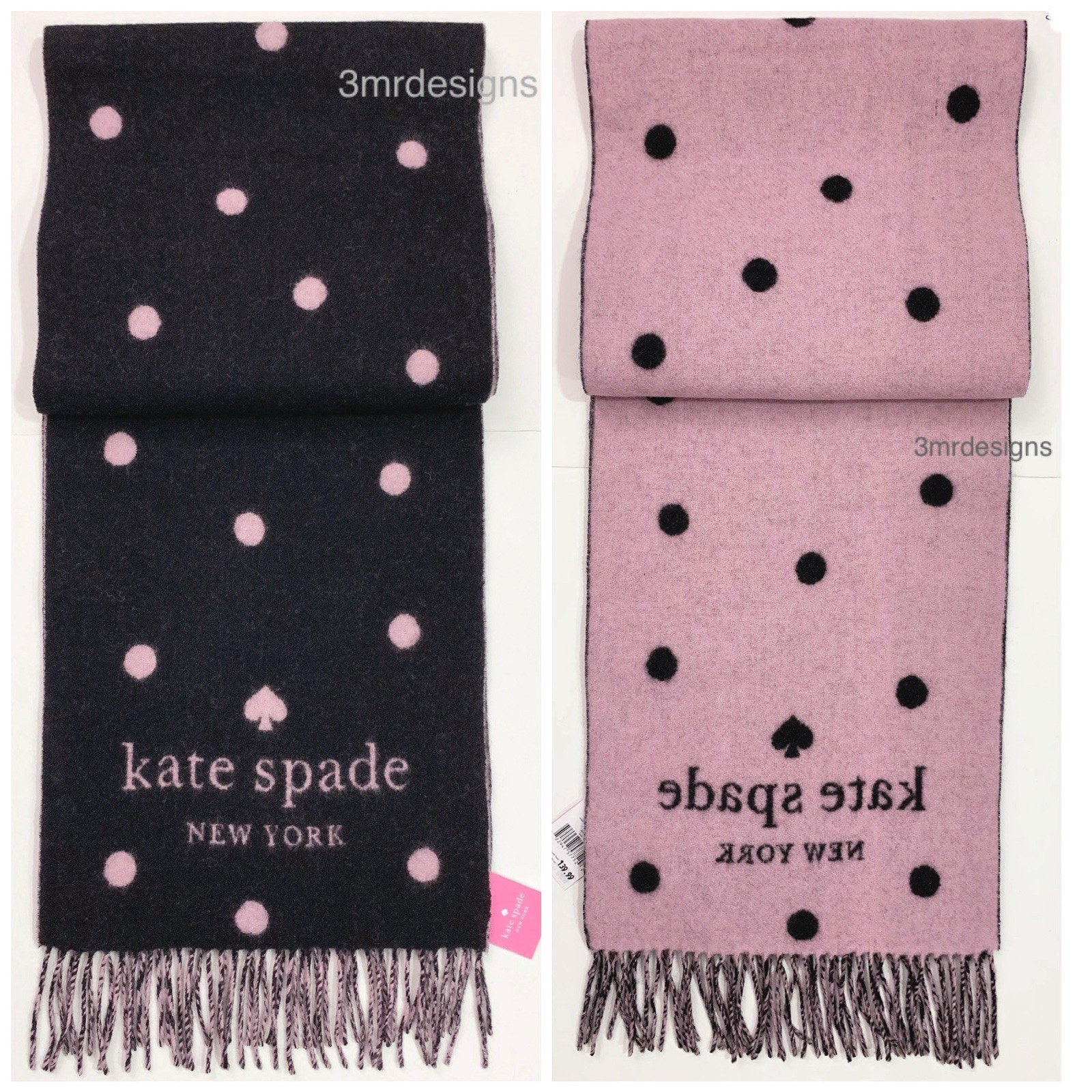 NWT Kate Spade Black/Pink Logo Dot 90% Wool/10% Cashmere Soft Large Oblong Scarf