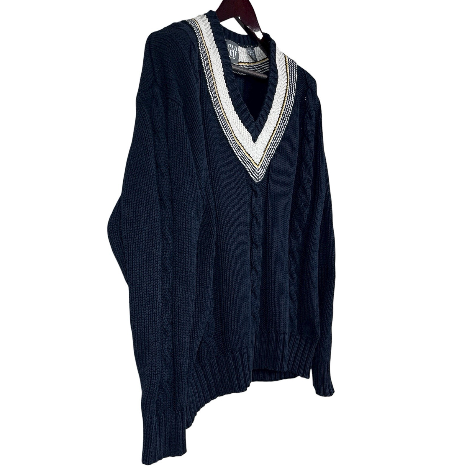 Vtg Gap Cable Knit V-Neck Tennis Sweater Mens M Navy Cotton Preppy Criquet