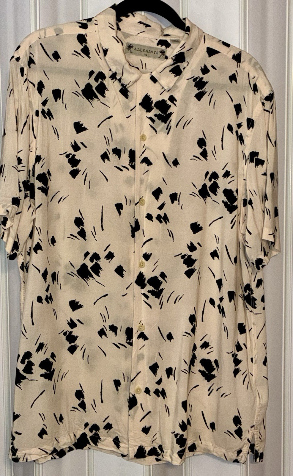 ALL SAINTS•Button Up S/sleeve Shirt Abstract VISCOSE Mens•XL White/Black Casual