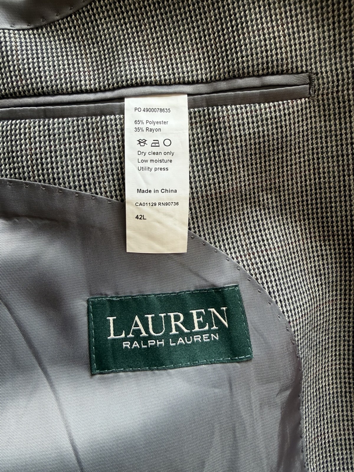 RALPH LAUREN Lauren Gray Houndstooth Men’s Blazer 42L Single-Breasted 2-Button