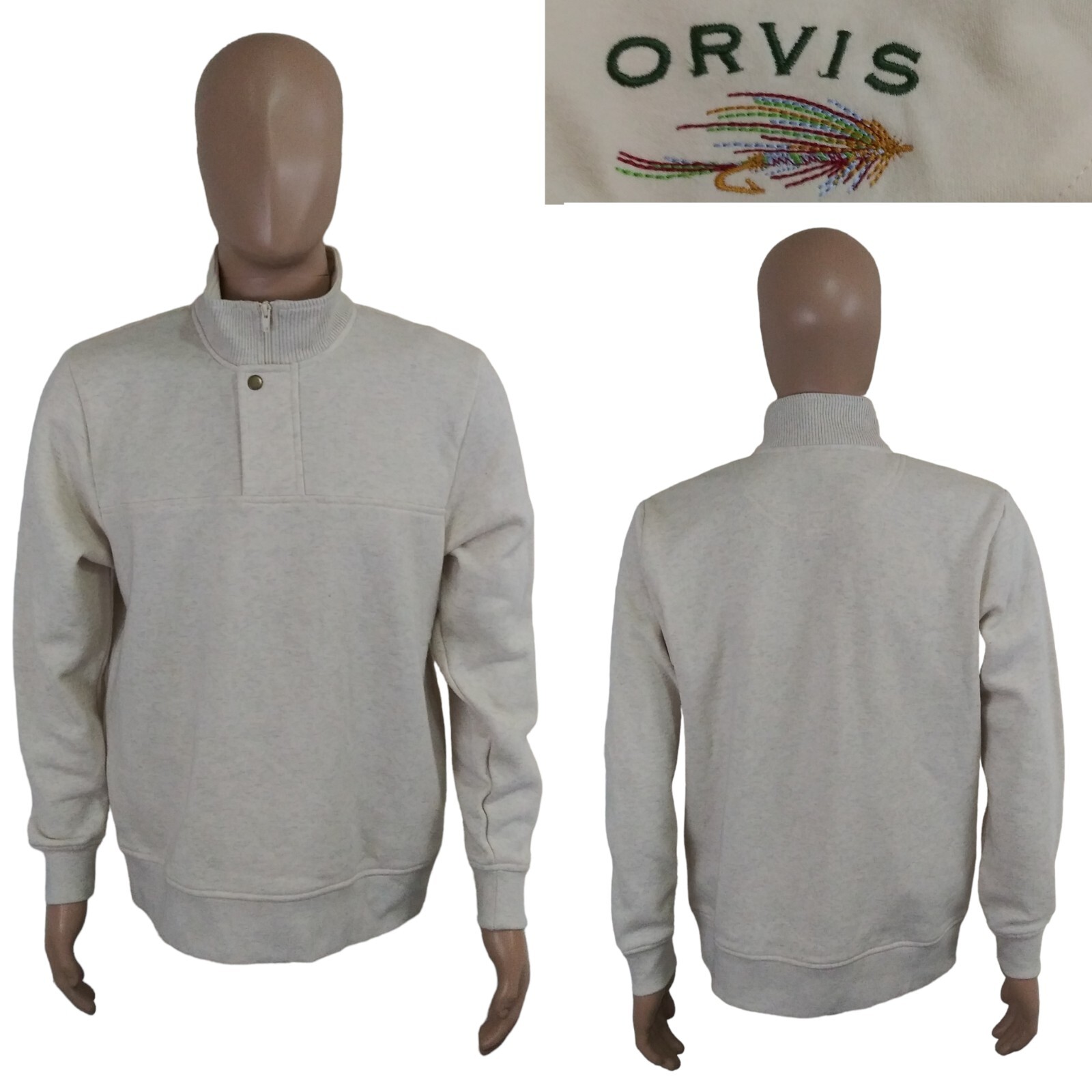 Orvis 1/4 Zip Button Snap Ivory White Long Sleeve Pullover Sweater Size Medium