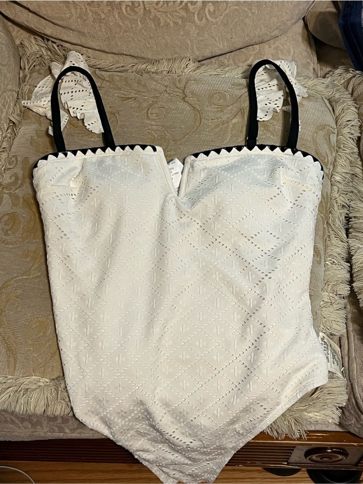 Cupshe White Eyelet One-Piece Swimsuit with Black Straps