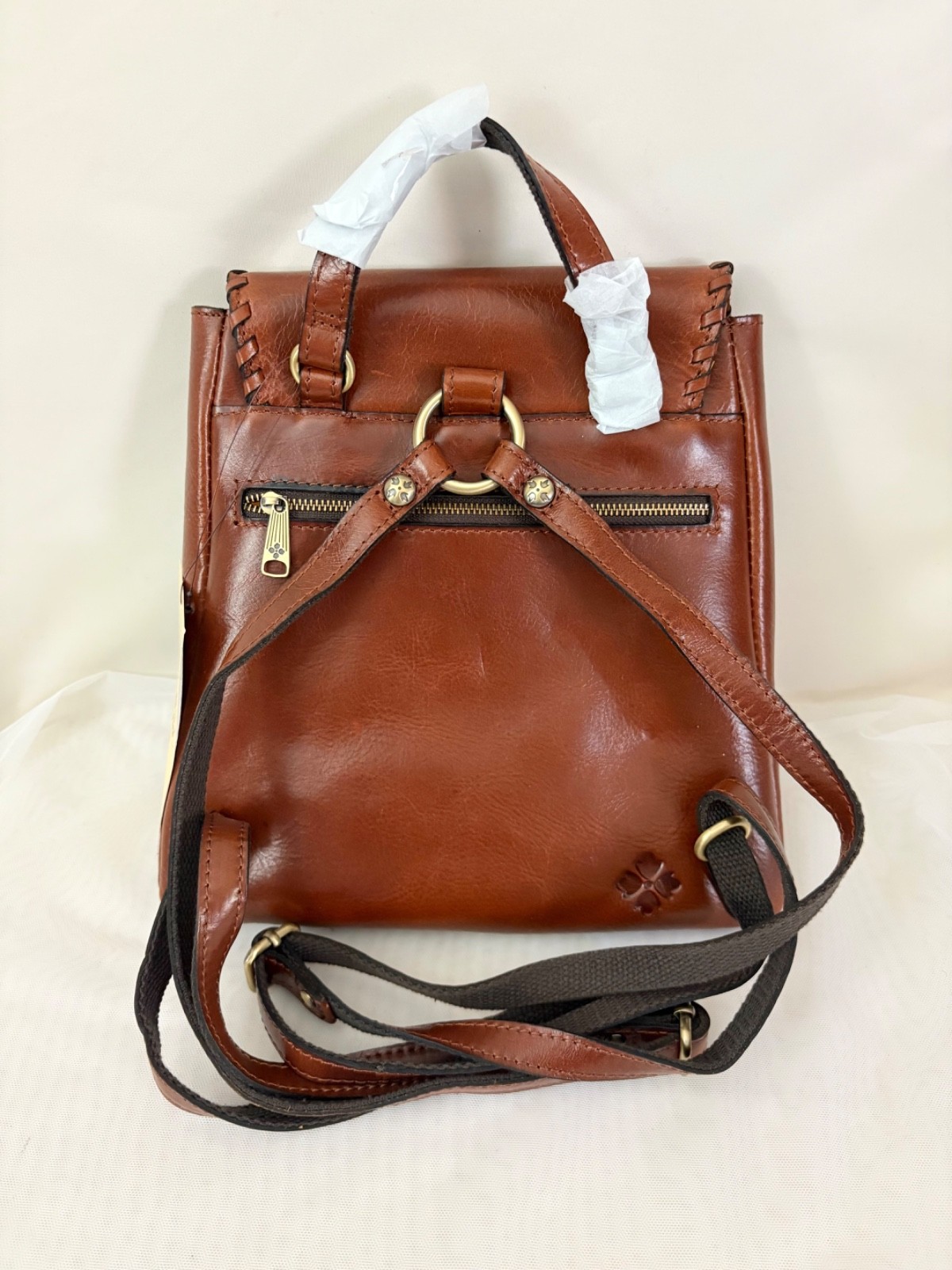 Patricia Nash Leather Backpack KIMINA Cognac Whip Stitching Flap Top Handle NWT