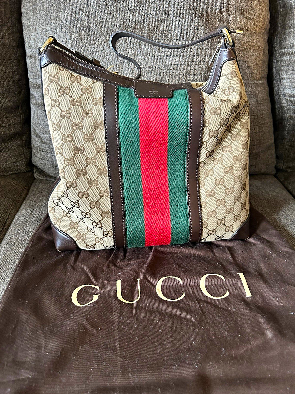 Gucci GG Web Stripe Shoulder Bag, Zip Closure, Gold Hardware, Lined, Pockets