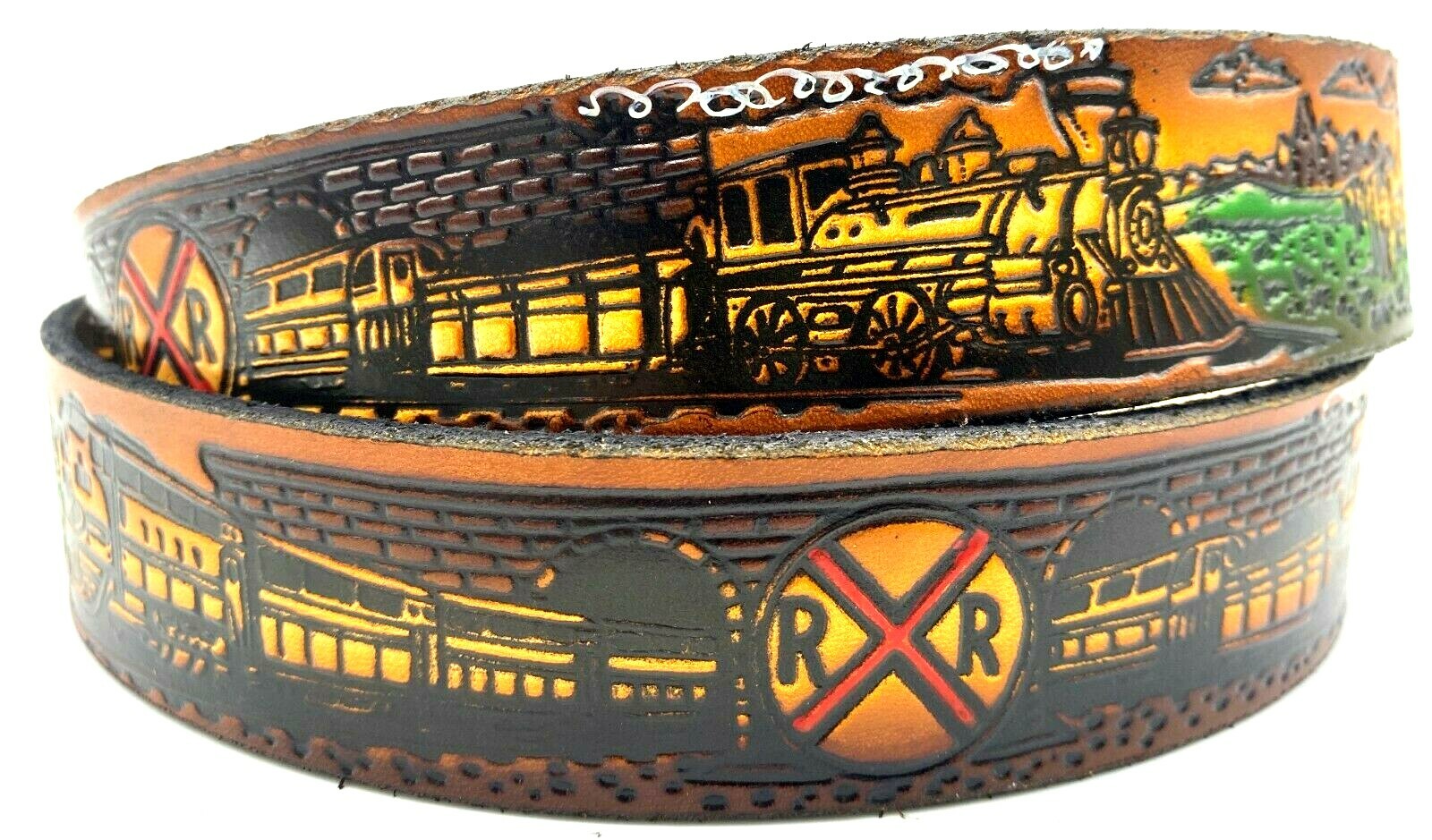 TRAIN RAILROAD STEAM ENGINE EMBOSSED LEATHER COWHIDE BELT SIZE 26-48 USA MADE