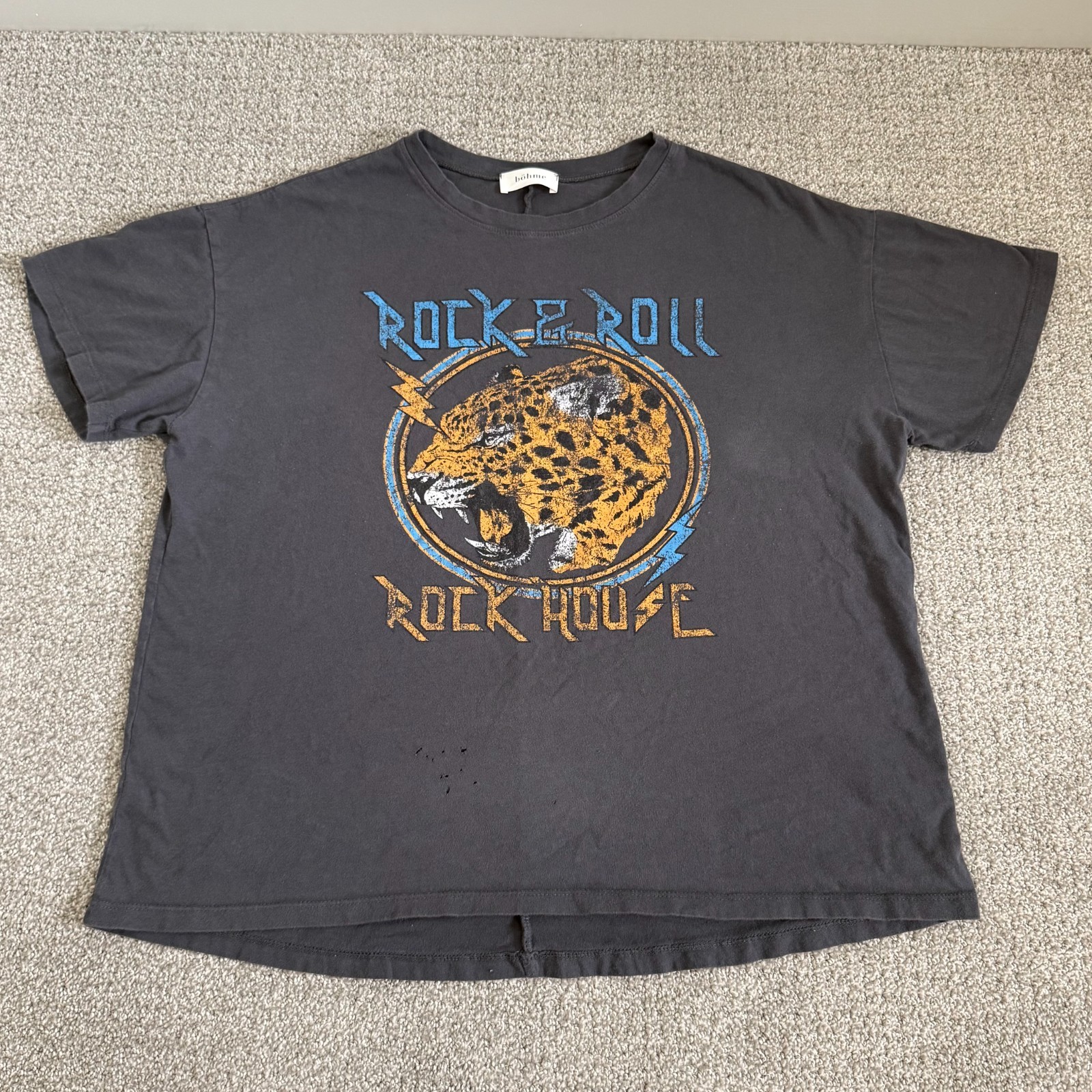 Böhme Rock & Roll Rock House Leopard Graphic Tee Shirt Charcoal Black Distressed