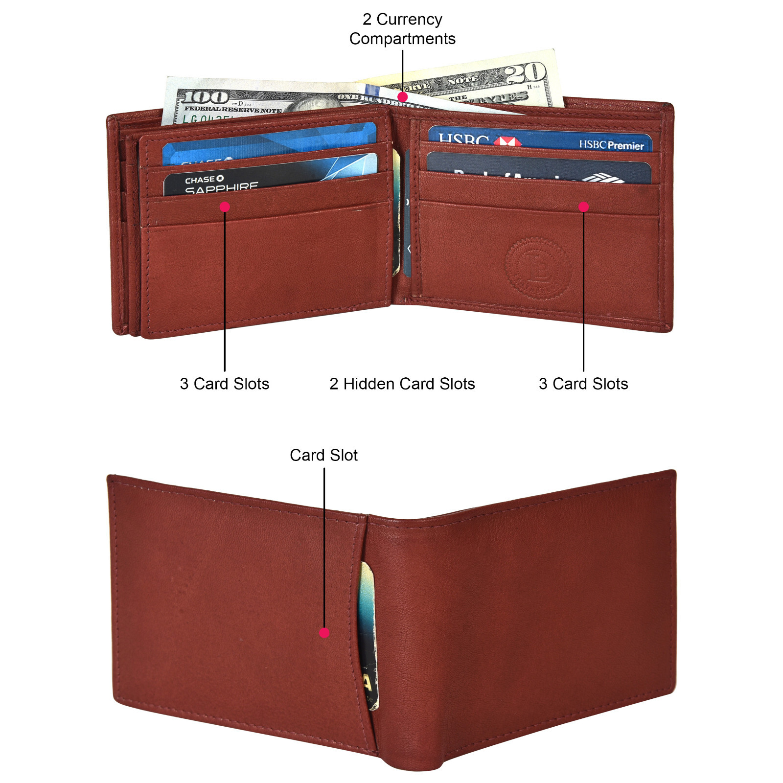 RFID Blocking Brown Genuine Leather Men’s Bifold Wallet 2 Center Flap New