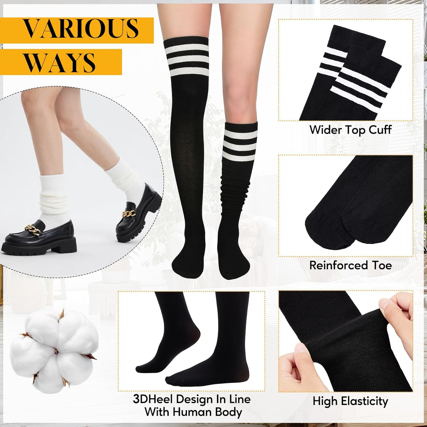 Womens Stripes Thigh High Socks Thigh Highs Casual Knee High Stockings