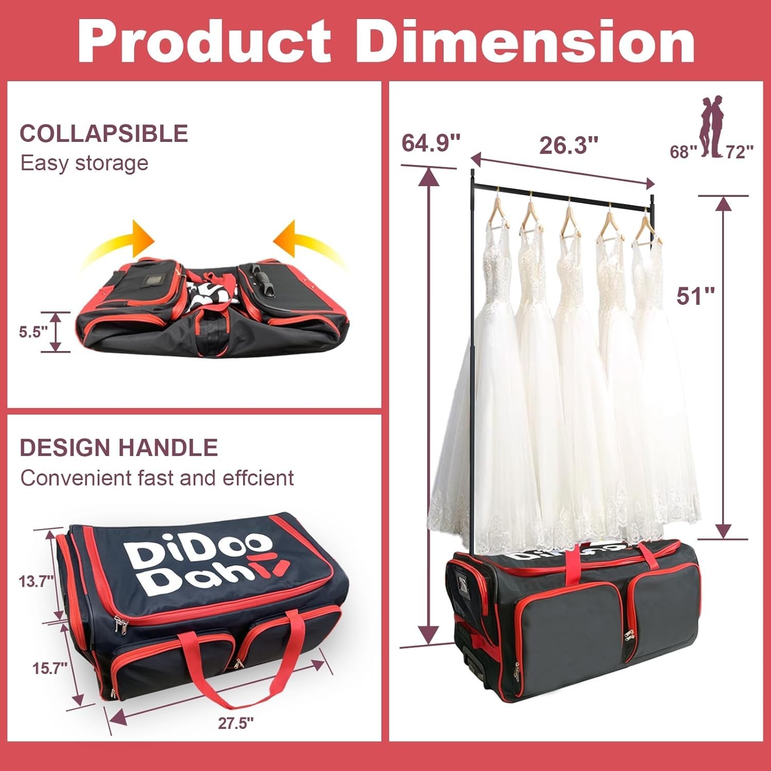 28 Inch Dance Bag with Garment Rack Rolling Duffel Wheels for Travel Black