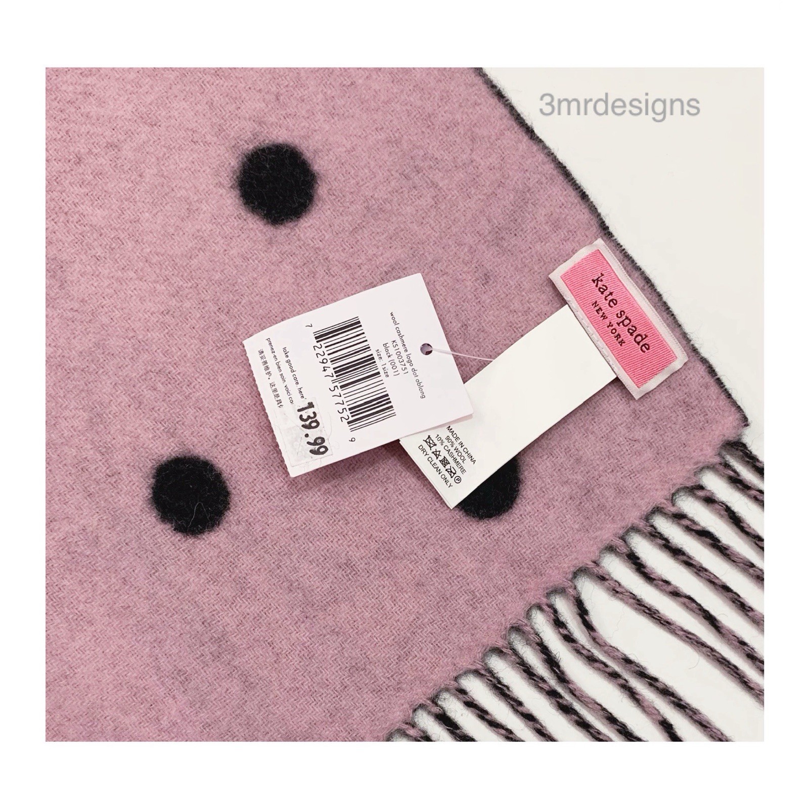 NWT Kate Spade Black/Pink Logo Dot 90% Wool/10% Cashmere Soft Large Oblong Scarf